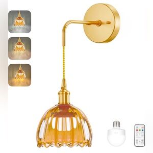 Vintage Amber Tulip Glass Wall Sconce- Wireless & Battery-operated